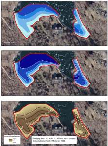 A series of maps showing the seleceted area for dredging. The current lake bathymetry (top) and the post-dredge contours (middle) are shown in blue shading. A cut-fill model (bottom) shows areas of cut needed to reach the goal.