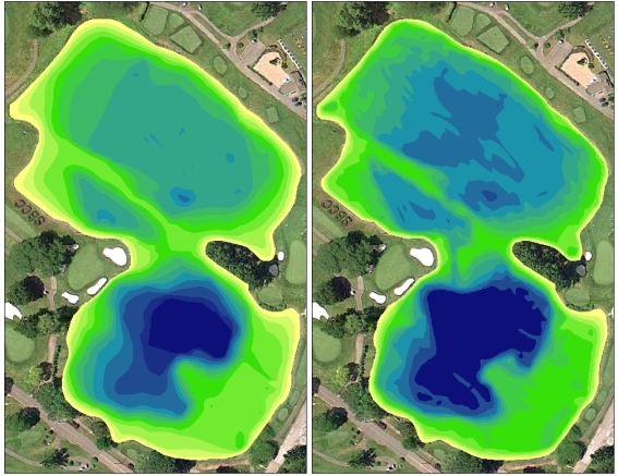 Color shaded depth map showing the pre-dredge (left) and post-dredge (right) lake depths