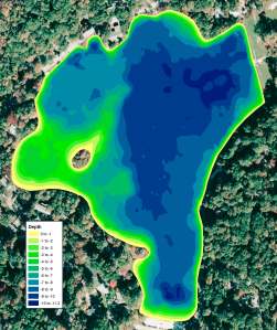 Color shaded depth map showing the current lake depths in one foot intervals.