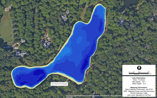 Color shaded water depth map. The light brown area is the spawning habitat (under 5 ft).